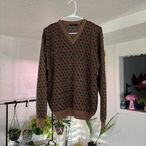 Segreto‎ Wool V-Neck Sweater Styled in Italy Brown Patterned Knit Size L